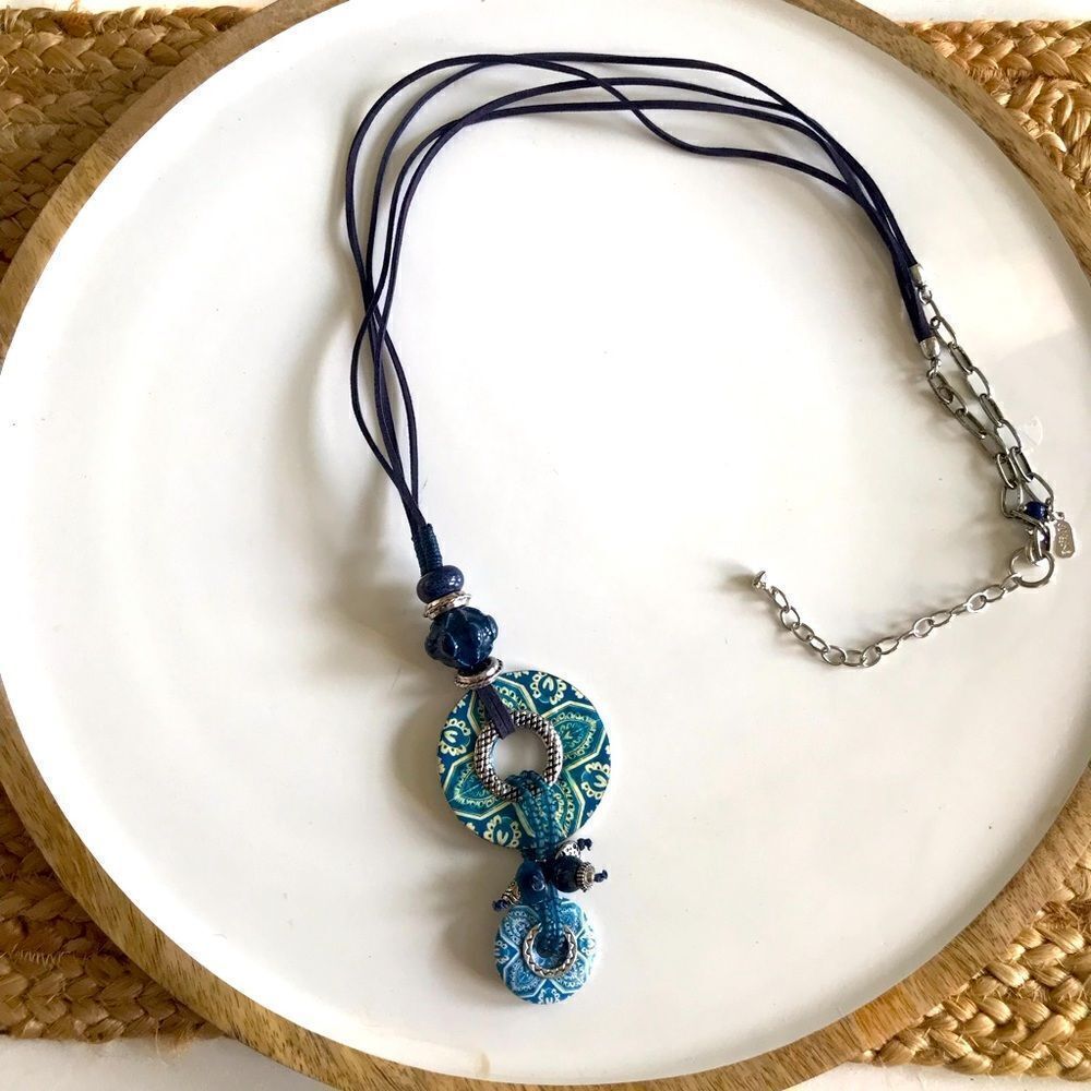 Treska Dual Circular Blue Tile Fragment Pendant Cord Necklace- Andalusia Series